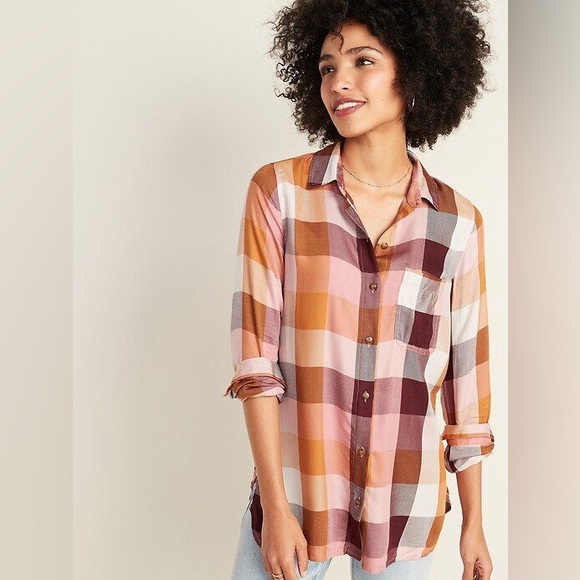 Old Navy Tops - Old Navy Plaid Drapey Flannel Tunic Shirt for Women Size XS Pink Orange Purple